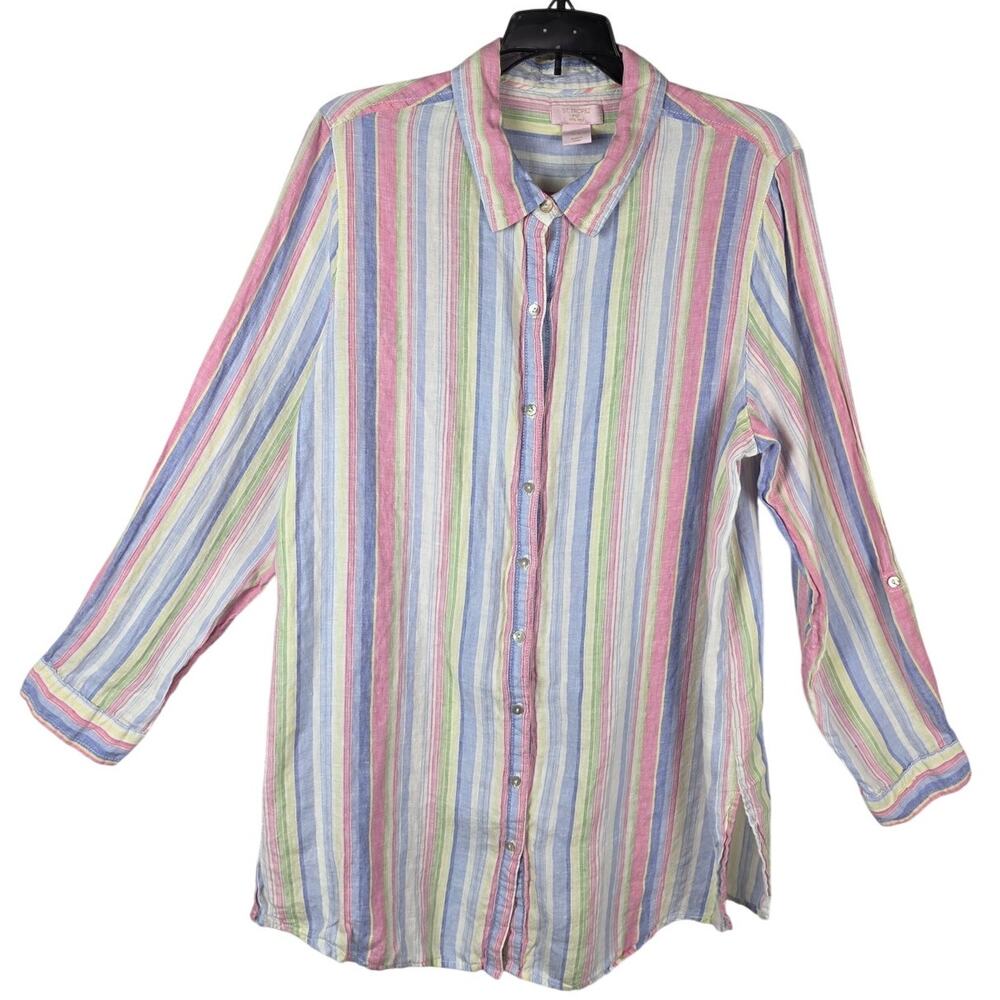 St Tropez West Linen Shirt XL Pastel Striped Button Up Top Coastal Boho Beach